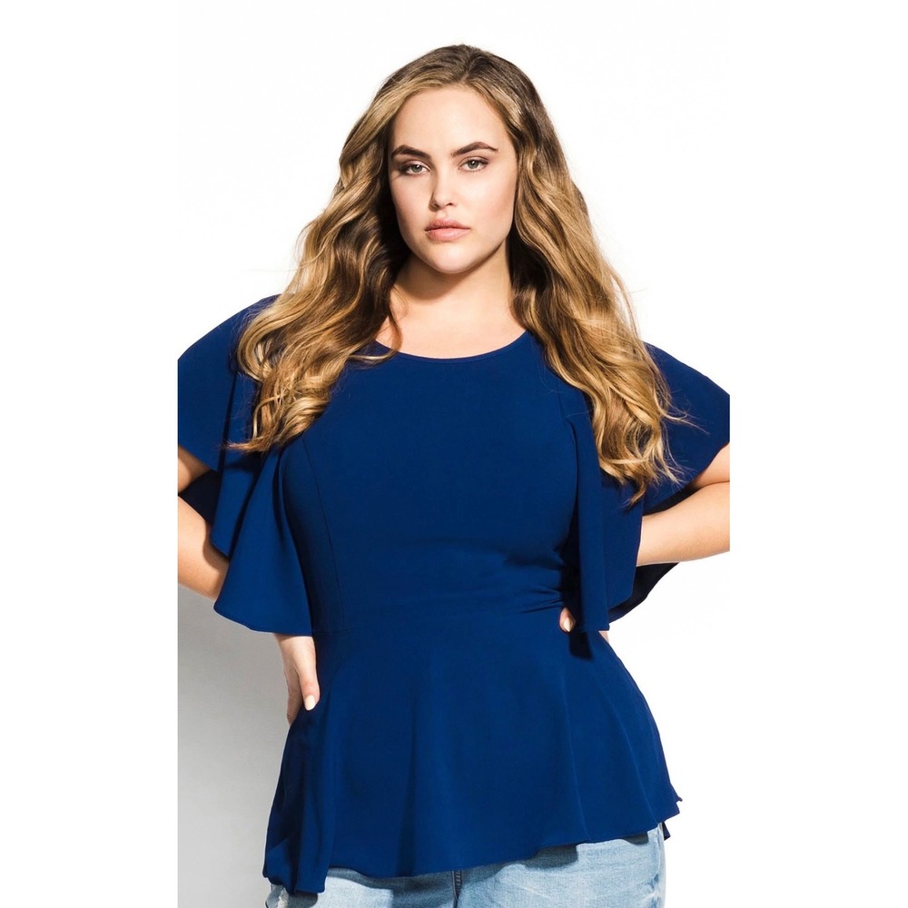 City Chic Navy Blue Flutter Sleeve‎ Peplum Blouse Plus Size M 18 Chiffon Top